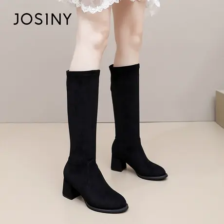 卓诗尼2025秋冬新款粗跟骑士靴时尚舒适长筒靴潮流后拉链瘦瘦靴女图片