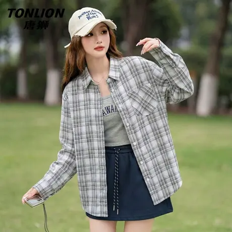唐狮官方长袖格子衬衫女2026新款春秋款女士韩系慵懒风外套上衣VB图片