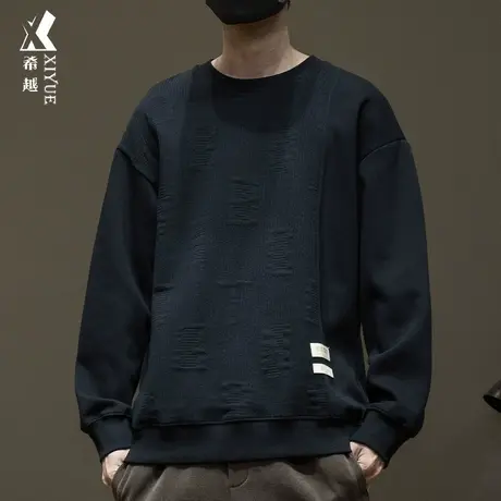 希越提花拼接设计感圆领卫衣男士春秋季宽松大码无帽黑色打底上衣商品大图