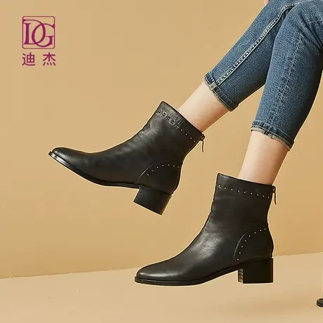 DG真皮黑色粗跟短靴女春秋新款头层牛皮瘦瘦靴英伦及踝妈妈靴商品大图