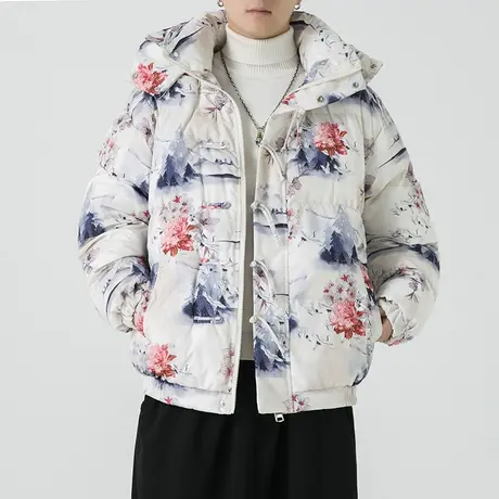 冬季新款男棉衣带帽保暖可脱卸帽上衣服加肥加大码印花宽松棉袄潮图片