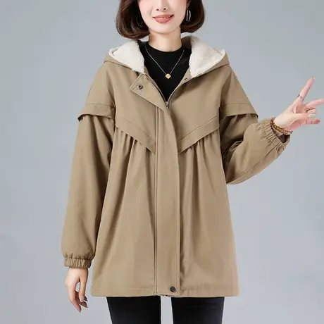 妈妈秋冬加绒棉衣外套女宽松加大码中老年人休闲加厚显瘦连帽风衣商品大图