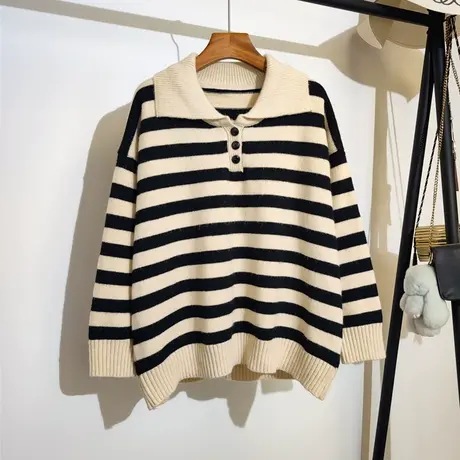 Polo领条纹毛衣女2023秋冬新款韩版宽松慵懒风休闲针织衫套头上衣图片