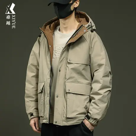 冬季90鸭绒工装连帽羽绒服男新国标宽松大码户外保暖冲锋衣外套潮商品大图