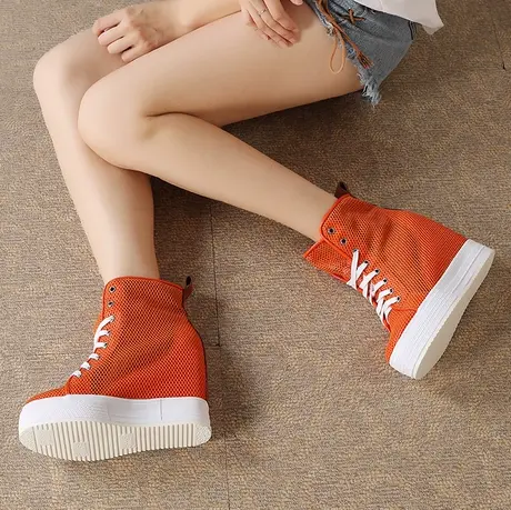 2023新款夏季透气网面高帮鞋女旅游休闲坡跟厚底内增高运动鞋10cm商品大图