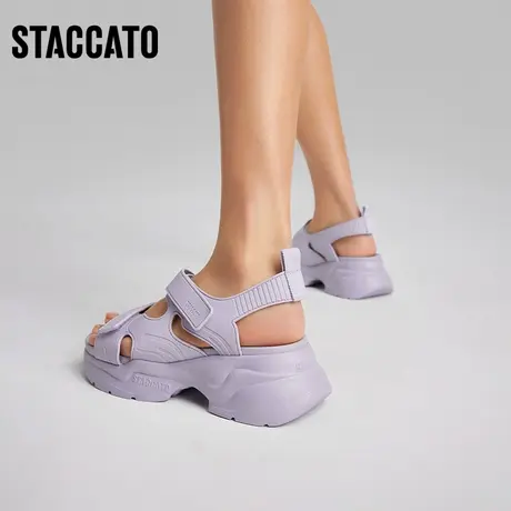 思加图新款流沙鞋休闲运动厚底魔术贴增高凉鞋女EJG04BL3商品大图