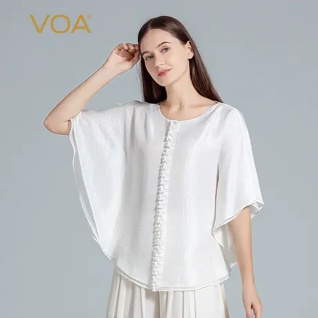 VOA100%桑蚕丝提花玉白色船领蝙蝠袖木耳花装饰O型版宽松百搭T恤图片