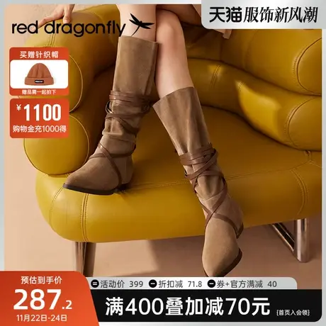 红蜻蜓堆堆靴女复古西部牛仔靴女靴增高棕色长靴秋冬百搭长筒靴子商品大图