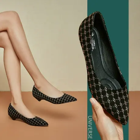 单鞋女低跟小香风复古格纹新款春季尖头磨砂真皮浅口百搭女鞋图片