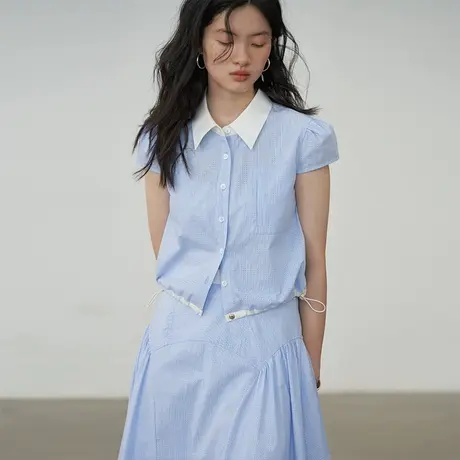 omont蛋挞家 复古抽绳短袖衬衫女2023新款别致抽绳短款上衣夏季女商品大图