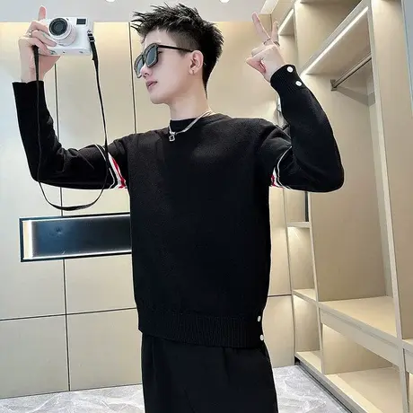 秋冬撞色条纹毛衣男简约休闲轻熟风2023年新款打底线衣彩条针织衫商品大图