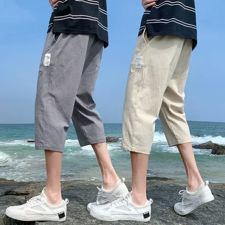 男士七分裤子宽松7分亚麻马裤薄款冰丝半截裤运动休闲男学生短裤商品大图