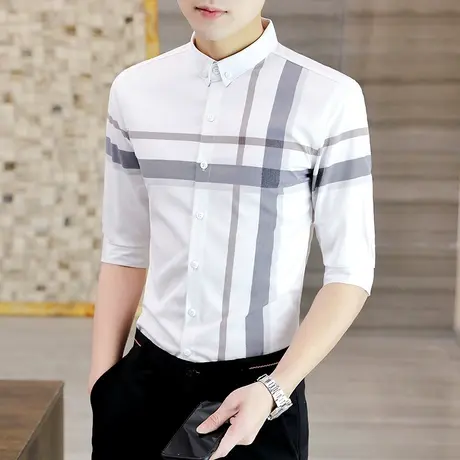 七分袖衬衫2022新款男士春夏季韩版潮流高端男装休闲中袖衬衣短袖商品大图