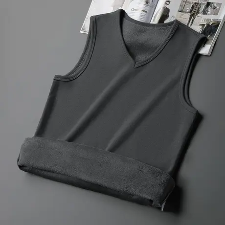 背心男秋冬季内穿加绒加厚保暖运动坎肩V领无袖t恤健身打底马甲男商品大图