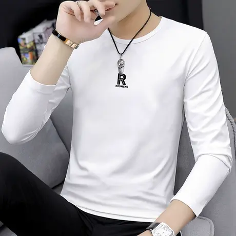 莫代尔圆领长袖t恤男士冬季内搭上衣服ins潮流百搭白色打底衫体恤商品大图