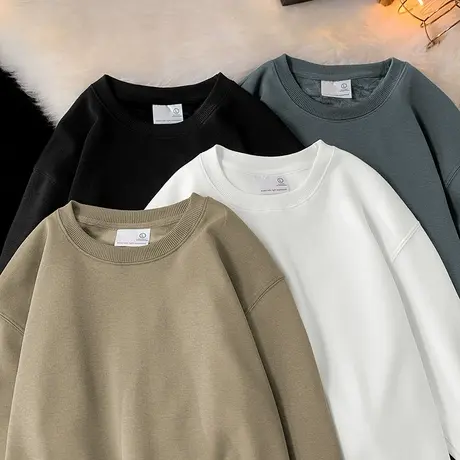 320g重磅卫衣男士秋冬保暖圆领无帽套头上衣加绒加厚纯色长袖t恤商品大图