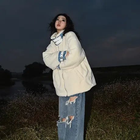 YEP美式复古拼接棉服女冬季加厚外套新款街头潮牌宽松毛毛棉衣商品大图