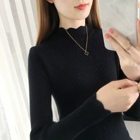 黑色打底衫女新款长袖针织衫上衣修身紧身内搭秋冬半高领毛衣短款商品大图