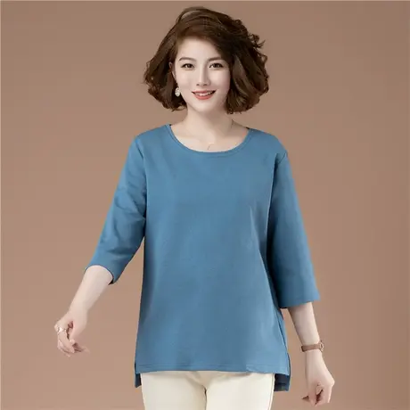 春秋季加肥加大码女装宽松七分袖打底衫女中年显瘦中袖纯色女t恤商品大图