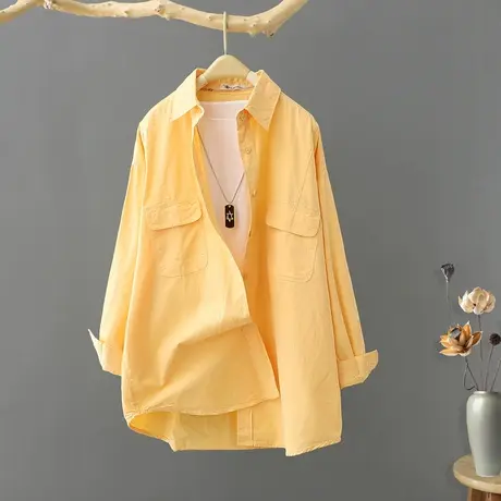 春装2024年新款韩范纯色设计感小众衬衫女长袖宽松纯棉衬衣上衣服图片