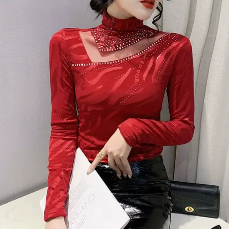 加绒加厚打底衫女秋冬2024新款网纱拼接高领上衣性感镂空T恤长袖图片