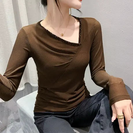 钉珠烫钻斜V领T恤女长袖性感网纱褶皱拼接上衣气质修身透气打底衫商品大图