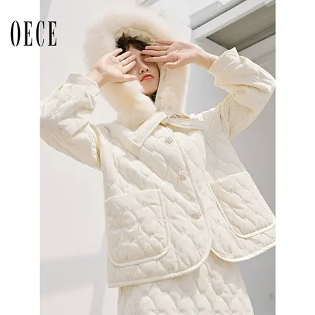 Oece冬装新款法式赫本风复古狐狸毛领棉衣气质棉服外套商品大图