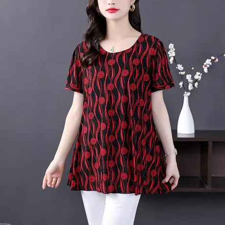 2023夏季新款短袖T恤胖妹妹mm大码女装宽松遮肚薄款雪纺衫女上衣商品大图
