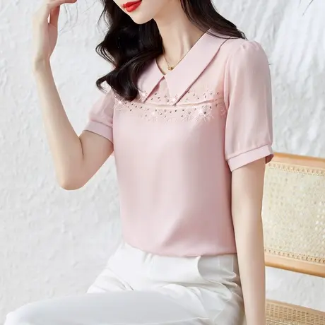 2023夏季新款短袖雪纺衬衫女蕾丝拼接polo领上衣时尚轻熟洋气小衫商品大图