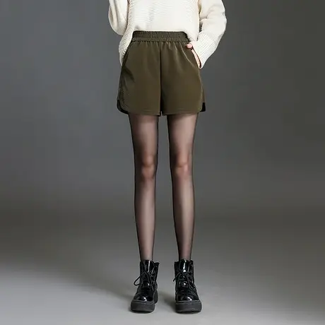 2023秋季新款外穿磨砂PU皮短裤女松紧高腰显瘦阔腿裤休闲打底靴裤商品大图