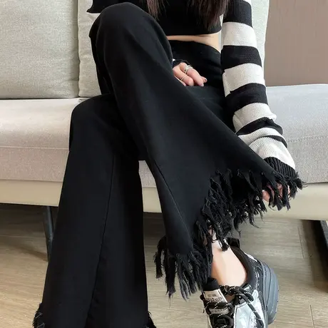 黑色微喇叭裤女秋冬2023高腰修身显瘦休闲小个子时尚流苏长裤子潮商品大图