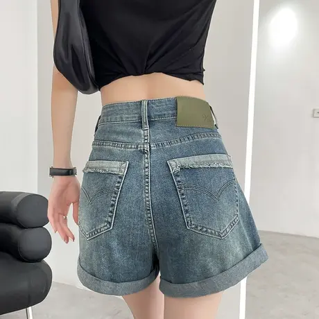 卷边牛仔短裤女浅色夏季新款高腰a字宽松显瘦小个子辣妹阔腿热裤商品大图