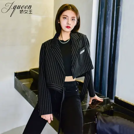条纹小西装外套女春秋季韩版小个子复古休闲小众设计感短款西服图片