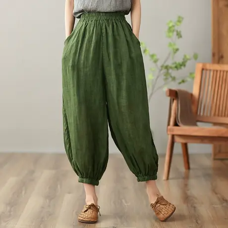 dza 高腰显瘦苎麻休闲裤女2023夏新款九分阔腿裤宽松哈伦裤棉麻裤商品大图