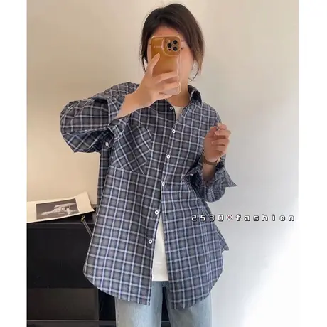 经典复古格子衬衫女2024年春装新款简约长袖外套衬衣宽松打底上衣商品大图