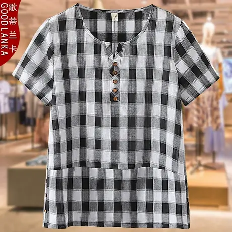 中年胖妈妈夏装格子上衣短袖小衫2022新款加肥加大码女装纯棉T恤商品大图