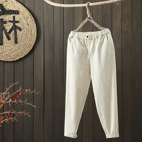 枫谜2021年秋装新款文艺简约全棉长裤女宽松休闲百搭纯色直筒裤图片