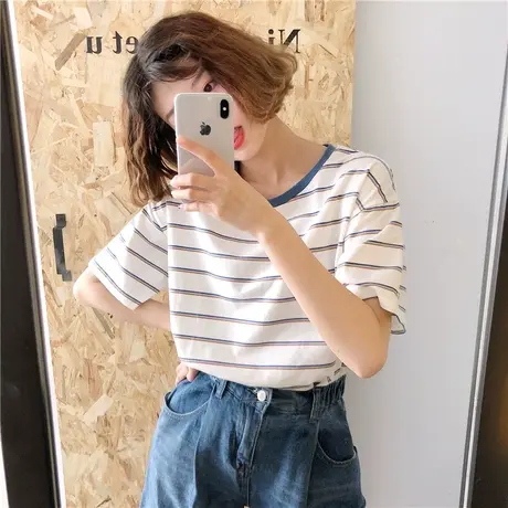 网红t恤女ins超火短袖女巨显瘦条纹海军风上衣女大学生衣服学院风商品大图