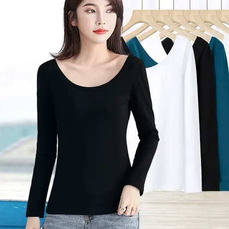 黑色大圆领t恤女上衣白色低领打底衫长袖修身纯棉大码基础款体恤图片