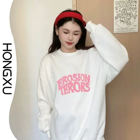 红续2023新款秋冬季小个子甜美白色印花卫衣宽松加厚显瘦上衣长袖图片