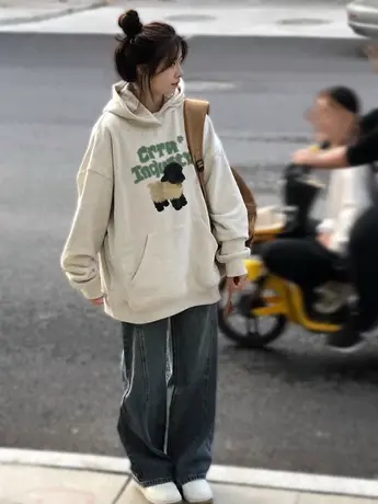 连帽卫衣女2023新款早秋薄款情侣装大码bf风小众ins洋气外套上衣商品大图