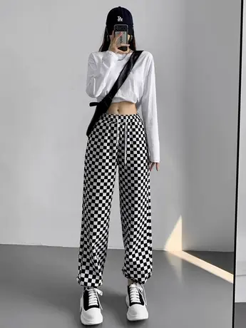黑白棋盘格子阔腿裤女春秋高腰运动宽松束脚裤垂感直筒休闲拖地裤商品大图