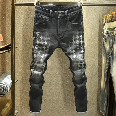 高端印花牛仔裤男款潮流图案烫印工艺长裤2024春秋款修身百搭裤子图片