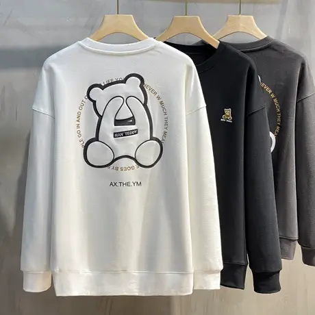 小熊圆领卫衣男ins宽松潮流加绒刺绣长袖2023秋冬情侣套头外套春商品大图