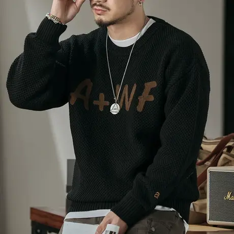 复古长袖毛衣宽松慵懒风休闲毛衣男百搭圆领毛衣潮流百搭男款冬季图片