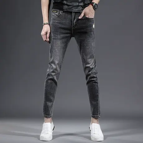 黑灰九分牛仔裤男修身小脚2023新款夏季薄款弹力休闲男士裤子9分商品大图