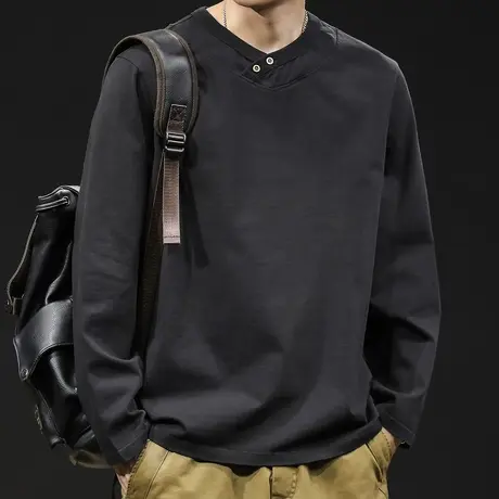 重磅水洗V领长袖t恤男纯棉个性潮牌宽松大码春季2024新款男士春秋图片