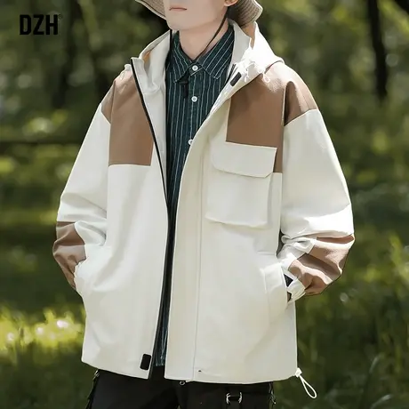 男士撞色拼接外套男春秋潮牌宽松男装2023新款连帽冲锋衣男款登山商品大图