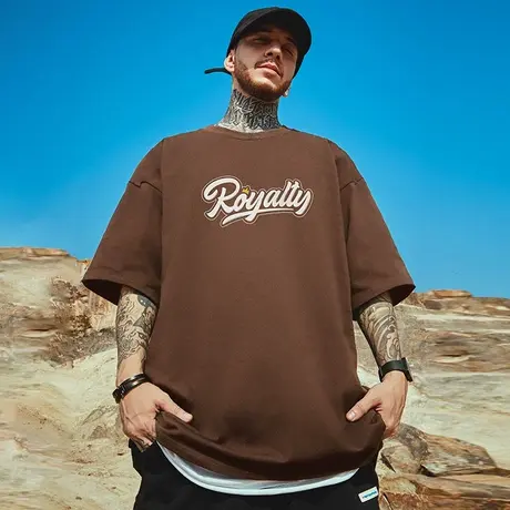 300g重磅美式字母印花短袖t恤街头大码黑色圆领纯棉简约胖子半袖商品大图