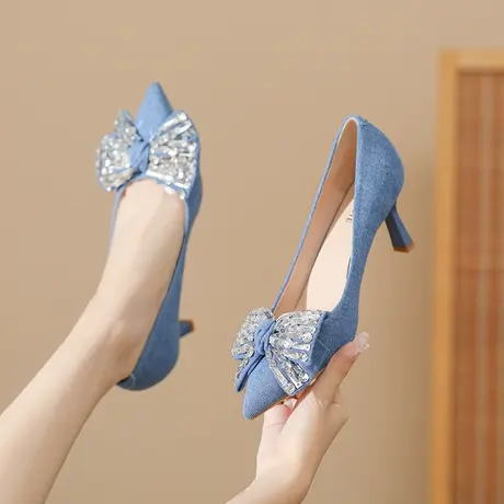 高跟鞋女细跟2024新款秋冬女士尖头水钻蝴蝶结法式少女配裙子单鞋图片